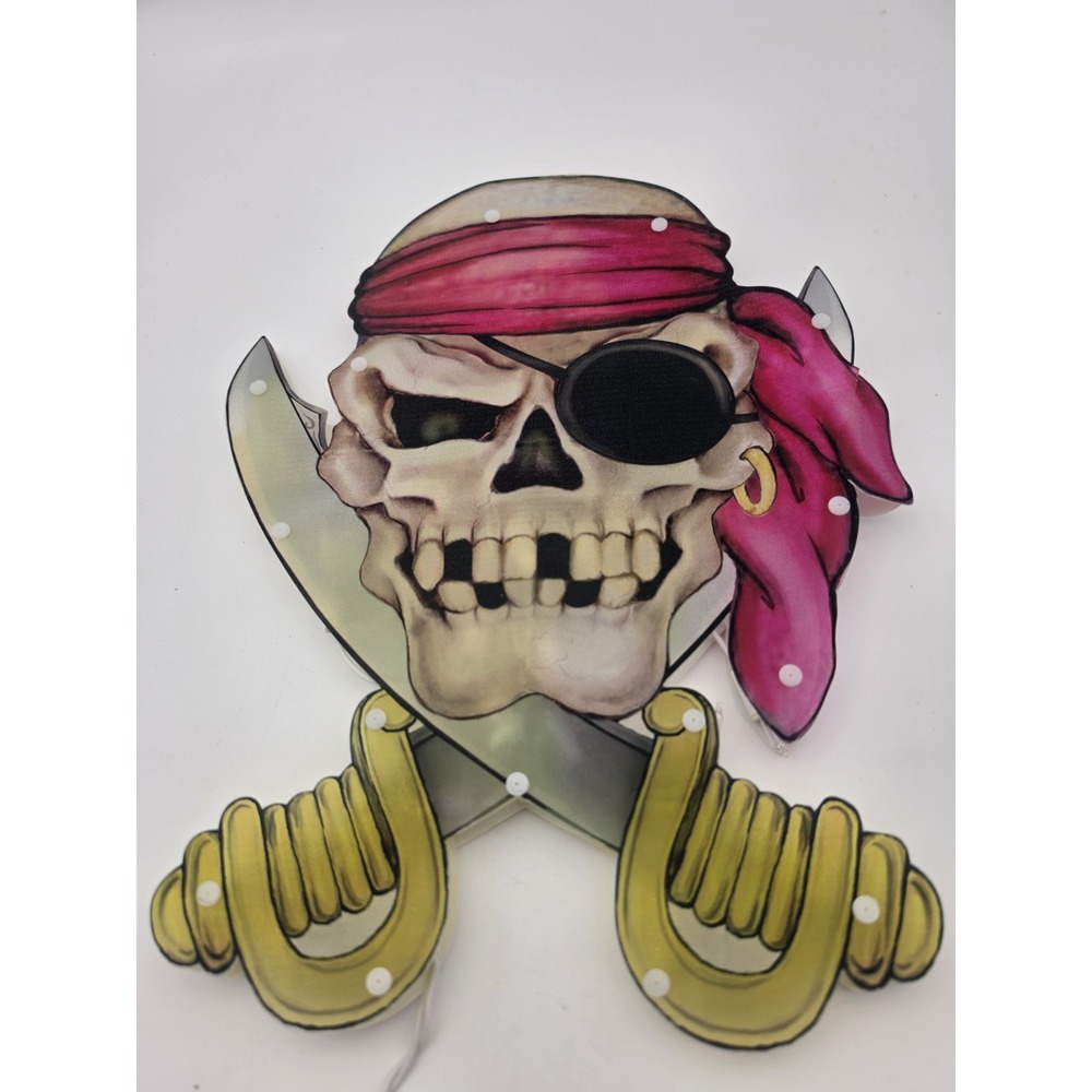 Vtg Nos Lighted Skull Pirate SwordWindow Halloween Decoration Plastic silhouette